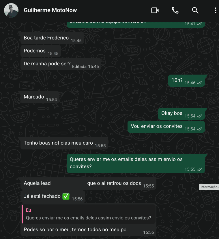 O dono, no WhatsApp da equipa: a lead a quem a IA recolheu os documentos de crédito "já está fechado".